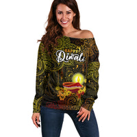 Personalized Happy Diwali Festival Off Shoulder Sweater Diya Lamp Hibiscus Polynesian Pattern LT05 Women Yellow - Polynesian Pride
