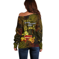 Personalized Happy Diwali Festival Off Shoulder Sweater Diya Lamp Hibiscus Polynesian Pattern LT05 - Polynesian Pride