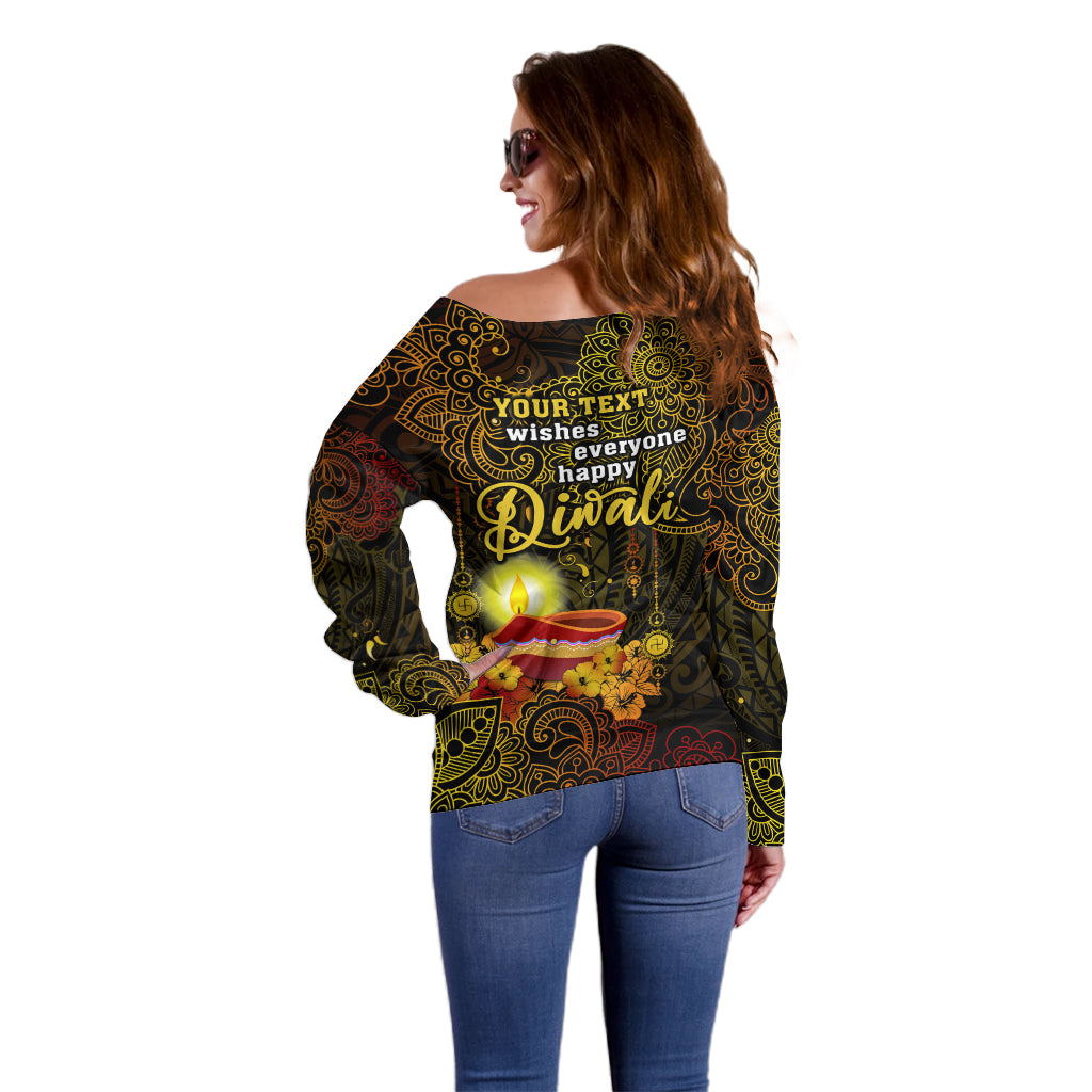 Personalized Happy Diwali Festival Off Shoulder Sweater Diya Lamp Hibiscus Polynesian Pattern LT05 - Polynesian Pride