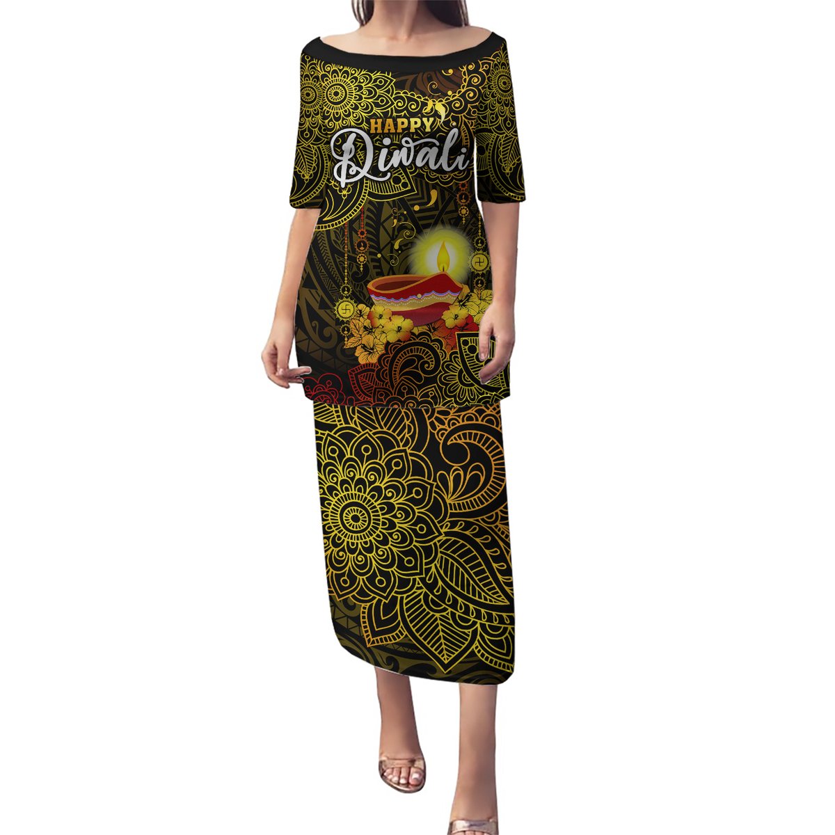 Personalized Happy Diwali Festival Puletasi Diya Lamp Hibiscus Polynesian Pattern LT05 Long Dress Yellow - Polynesian Pride