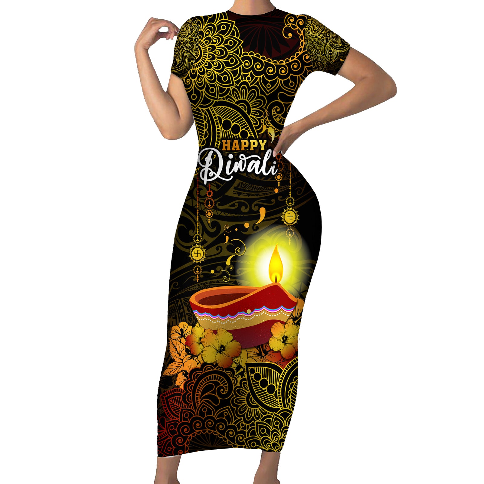 Personalized Happy Diwali Festival Short Sleeve Bodycon Dress Diya Lamp Hibiscus Polynesian Pattern LT05 Long Dress Yellow - Polynesian Pride