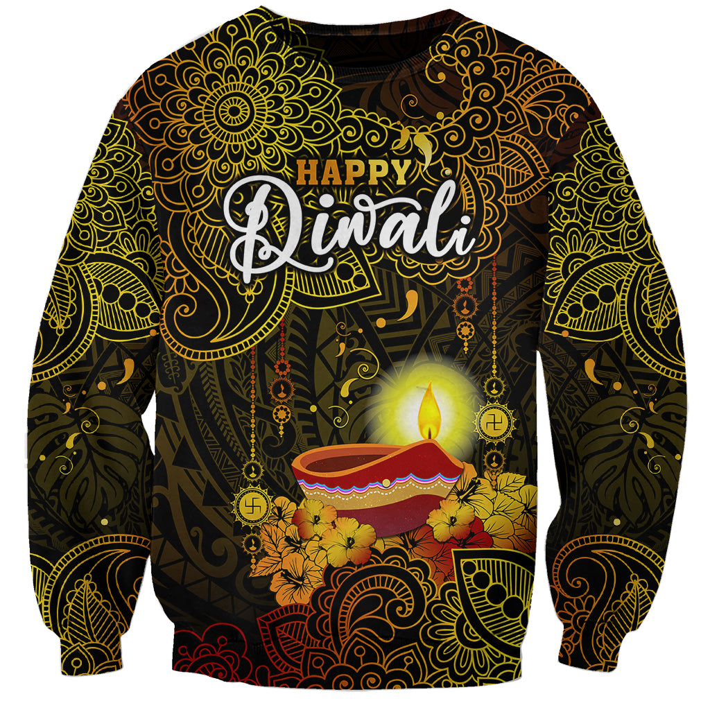 Personalized Happy Diwali Festival Sweatshirt Diya Lamp Hibiscus Polynesian Pattern LT05 Unisex Yellow - Polynesian Pride