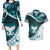 Aotearoa New Zealand Couples Matching Long Sleeve Bodycon Dress and Hawaiian Shirt Maori Wera Paua Shell Teal Glitter