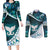 Aotearoa New Zealand Couples Matching Long Sleeve Bodycon Dress and Long Sleeve Button Shirt Maori Wera Paua Shell Teal Glitter