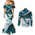 Aotearoa New Zealand Couples Matching Mermaid Dress and Long Sleeve Button Shirt Maori Wera Paua Shell Teal Glitter