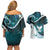 Aotearoa New Zealand Couples Matching Off Shoulder Short Dress and Hawaiian Shirt Maori Wera Paua Shell Teal Glitter