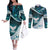 Aotearoa New Zealand Couples Matching Off The Shoulder Long Sleeve Dress and Long Sleeve Button Shirt Maori Wera Paua Shell Teal Glitter