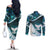 Aotearoa New Zealand Couples Matching Off The Shoulder Long Sleeve Dress and Long Sleeve Button Shirt Maori Wera Paua Shell Teal Glitter