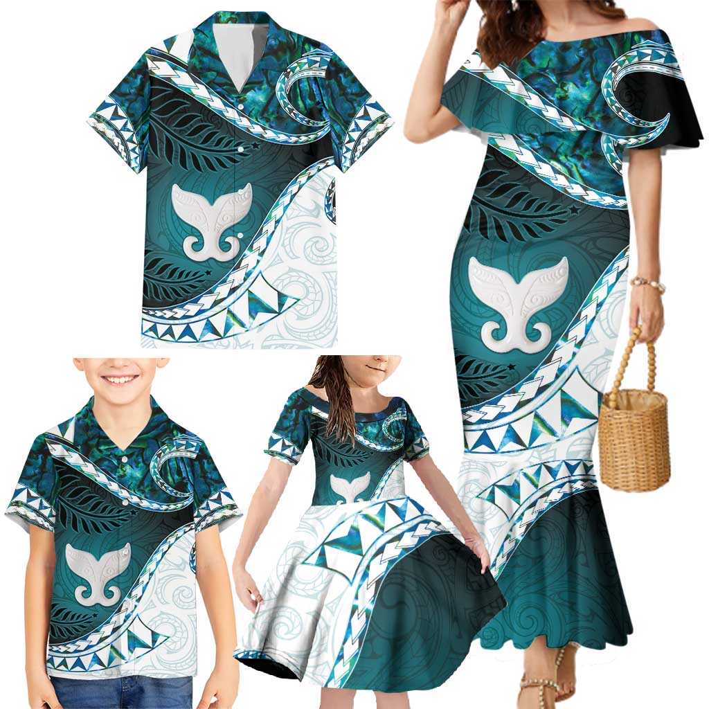 Aotearoa New Zealand Family Matching Mermaid Dress and Hawaiian Shirt Maori Wera Paua Shell Teal Glitter