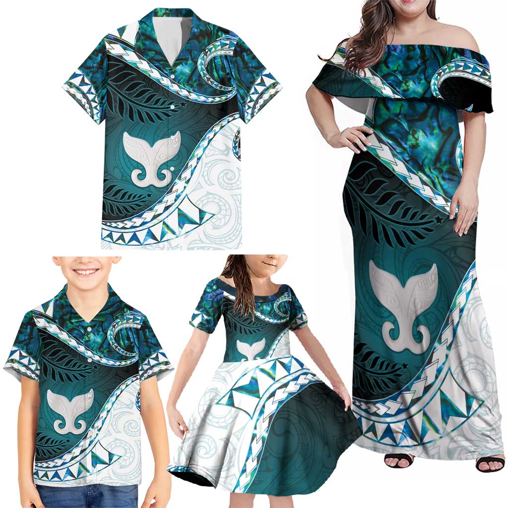 Aotearoa New Zealand Family Matching Off Shoulder Maxi Dress and Hawaiian Shirt Maori Wera Paua Shell Teal Glitter