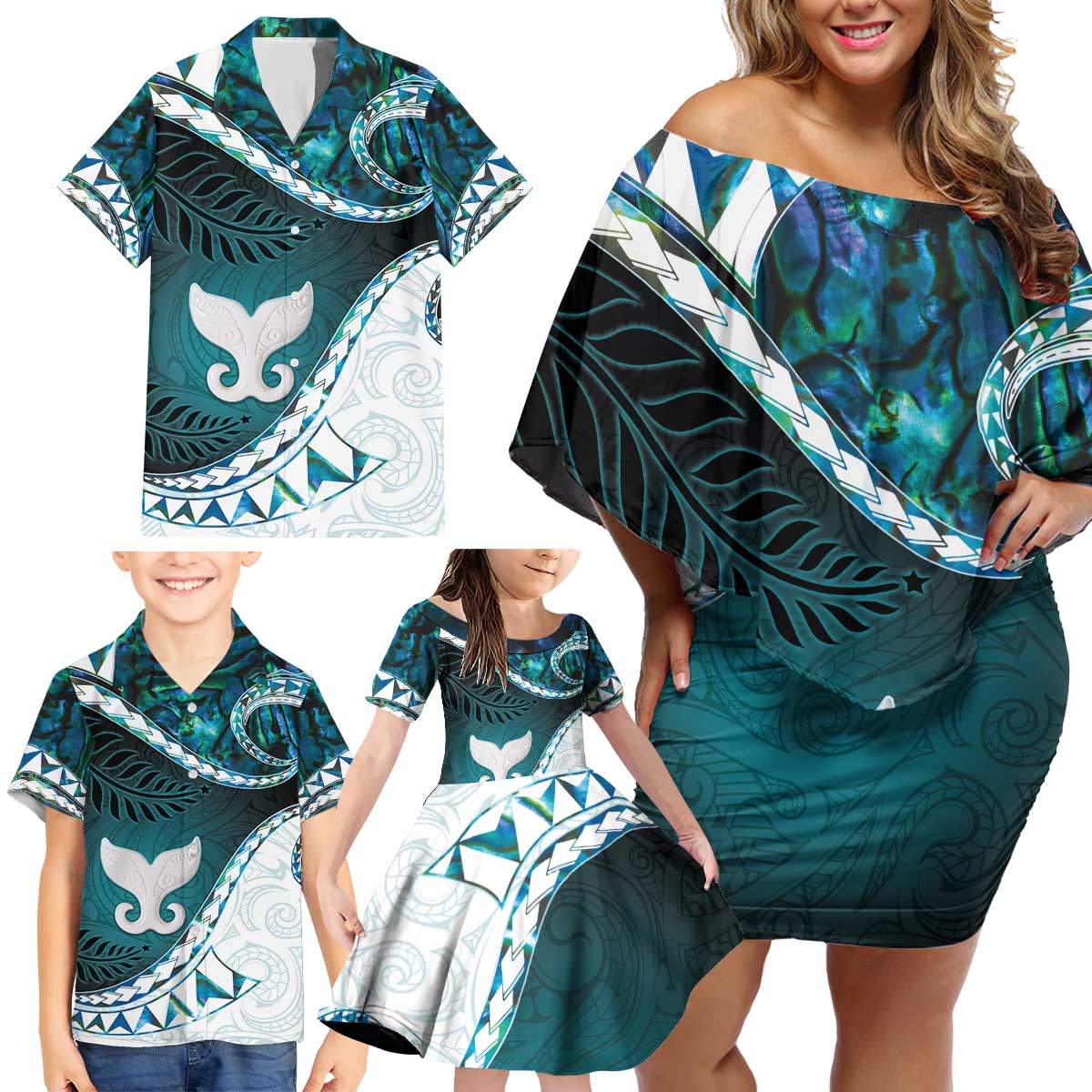 Aotearoa New Zealand Family Matching Off Shoulder Short Dress and Hawaiian Shirt Maori Wera Paua Shell Teal Glitter