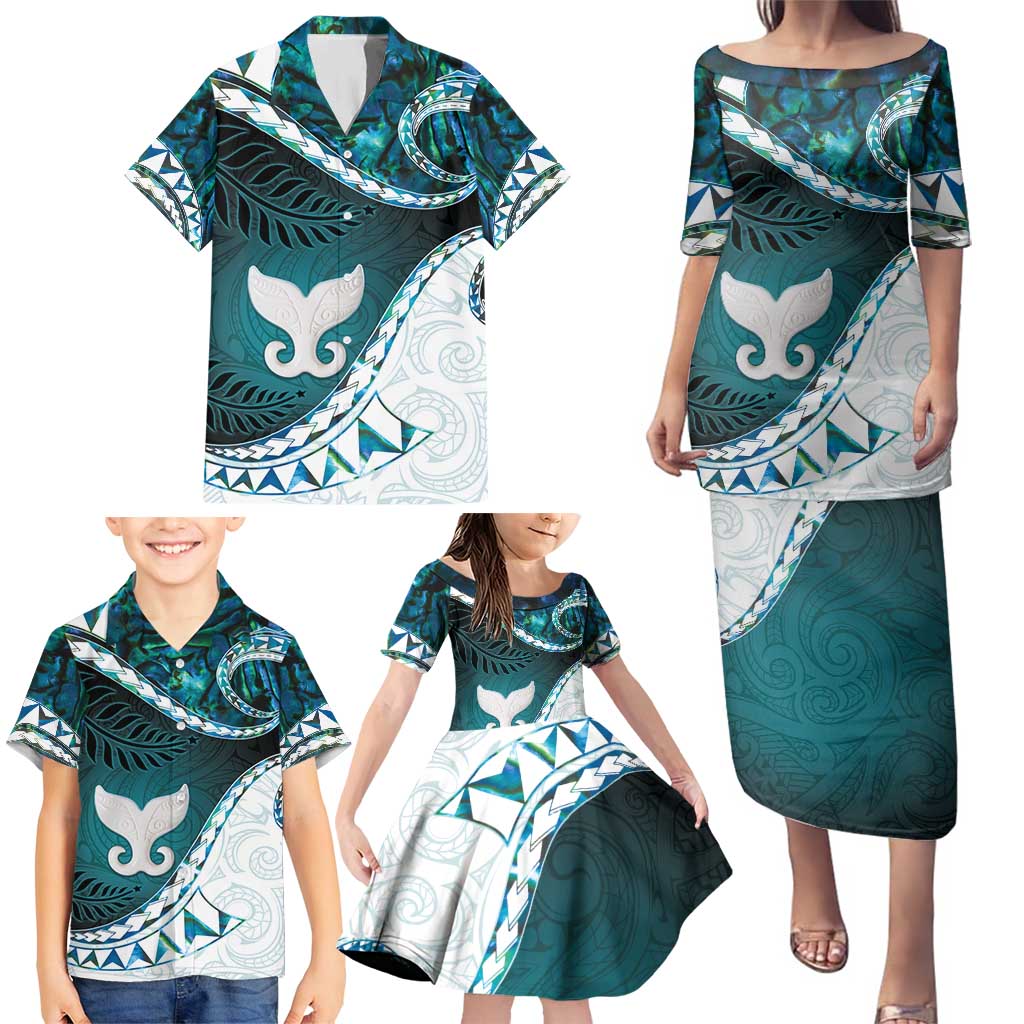 Aotearoa New Zealand Family Matching Puletasi and Hawaiian Shirt Maori Wera Paua Shell Teal Glitter