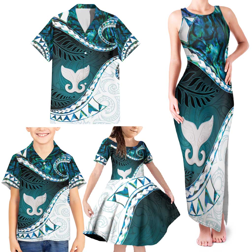 Aotearoa New Zealand Family Matching Tank Maxi Dress and Hawaiian Shirt Maori Wera Paua Shell Teal Glitter