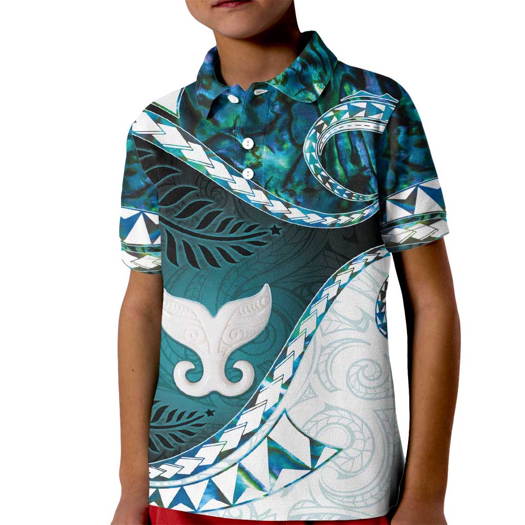 Aotearoa New Zealand Kid Polo Shirt Maori Wera Paua Shell Teal Glitter