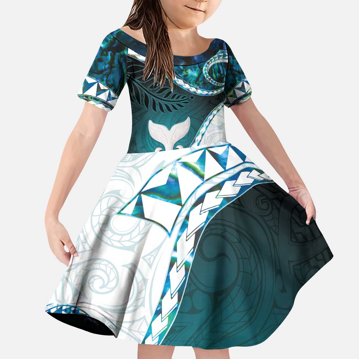 Aotearoa New Zealand Kid Short Sleeve Dress Maori Wera Paua Shell Teal Glitter LT05 KID Teal - Polynesian Pride