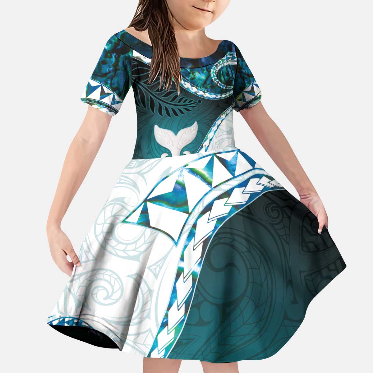 Aotearoa New Zealand Kid Short Sleeve Dress Maori Wera Paua Shell Teal Glitter