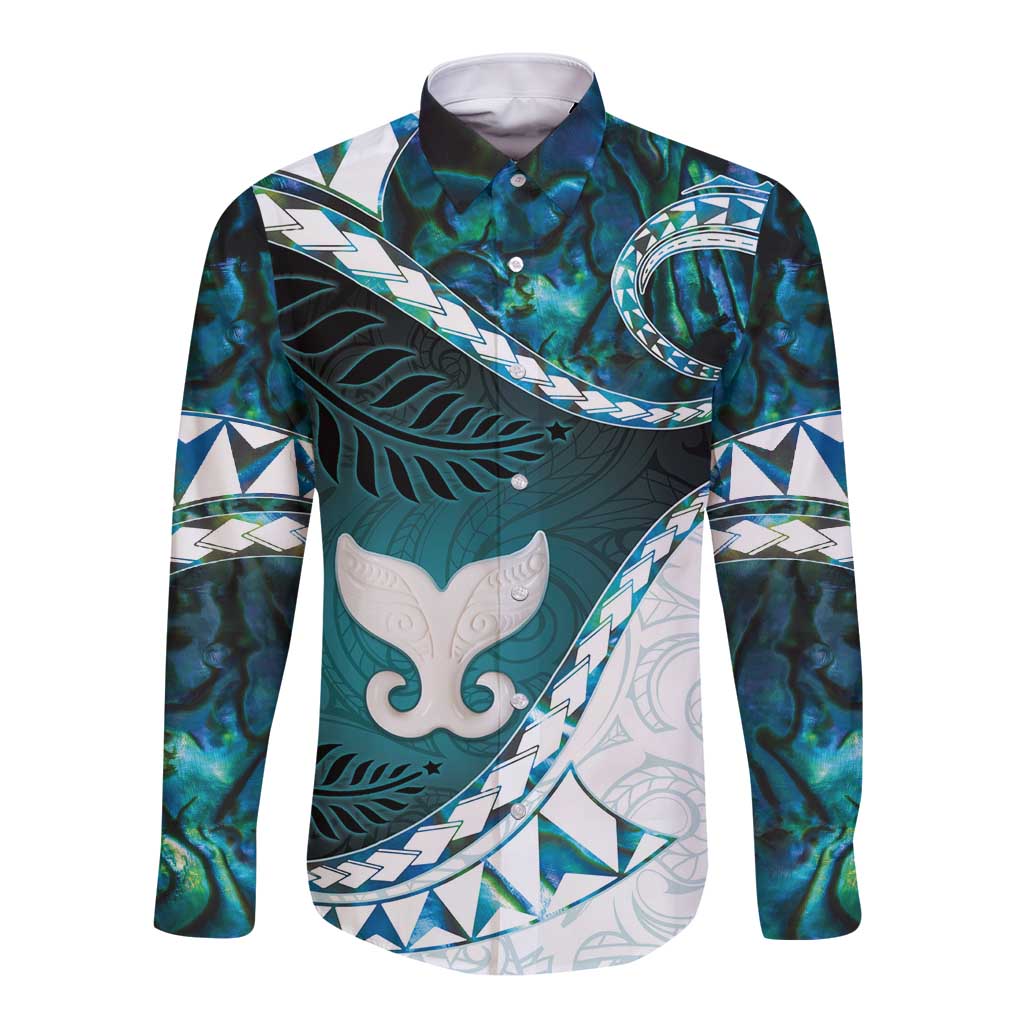 Aotearoa New Zealand Long Sleeve Button Shirt Maori Wera Paua Shell Teal Glitter LT05 Unisex Teal - Polynesian Pride