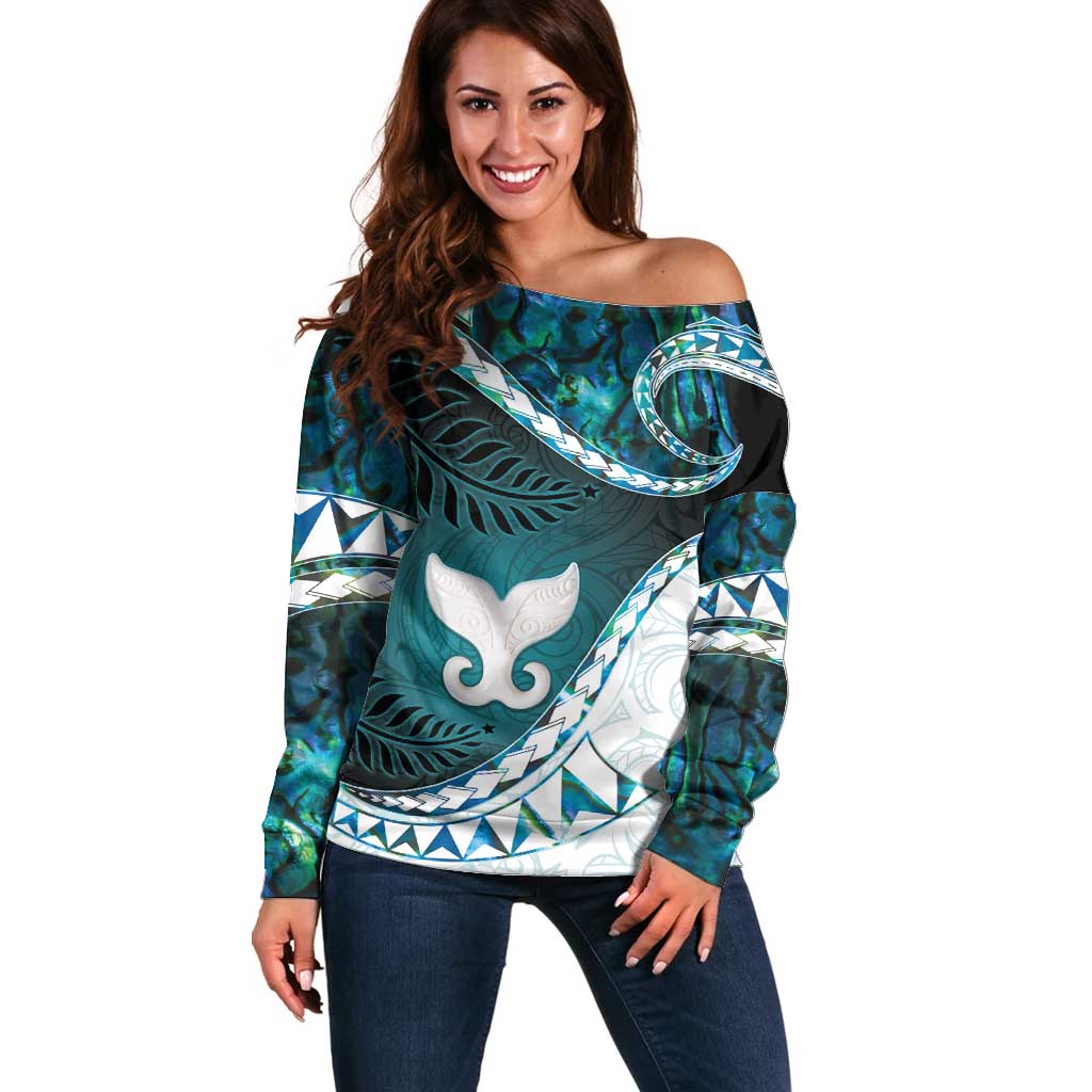 Aotearoa New Zealand Off Shoulder Sweater Maori Wera Paua Shell Teal Glitter LT05 Women Teal - Polynesian Pride