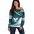 Aotearoa New Zealand Off Shoulder Sweater Maori Wera Paua Shell Teal Glitter