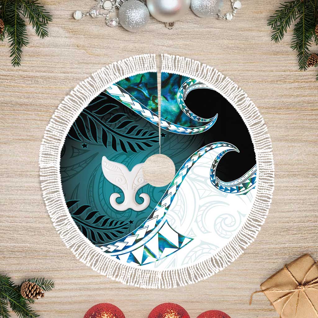 Aotearoa New Zealand Tree Skirt Maori Wera Paua Shell Teal Glitter LT05 Fringed Teal - Polynesian Pride