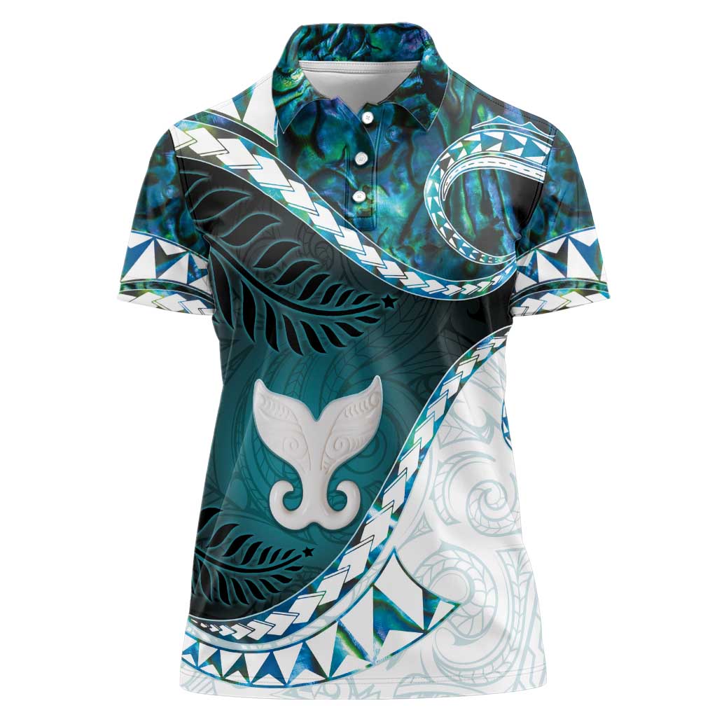 Aotearoa New Zealand Women Polo Shirt Maori Wera Paua Shell Teal Glitter