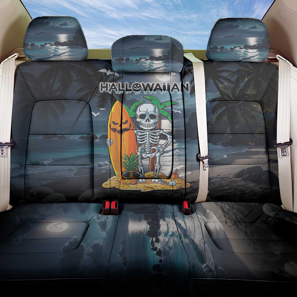 Hawaii Halloween Back Car Seat Cover Hallowaiian Skeleton Surf LT05 One Size Black - Polynesian Pride