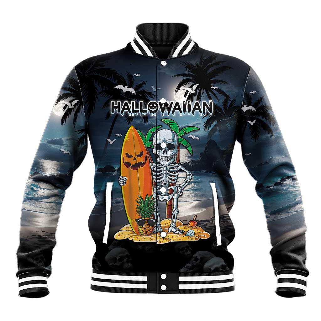 Personalised Hawaii Halloween Baseball Jacket Hallowaiian Skeleton Surf LT05 Unisex Black - Polynesian Pride