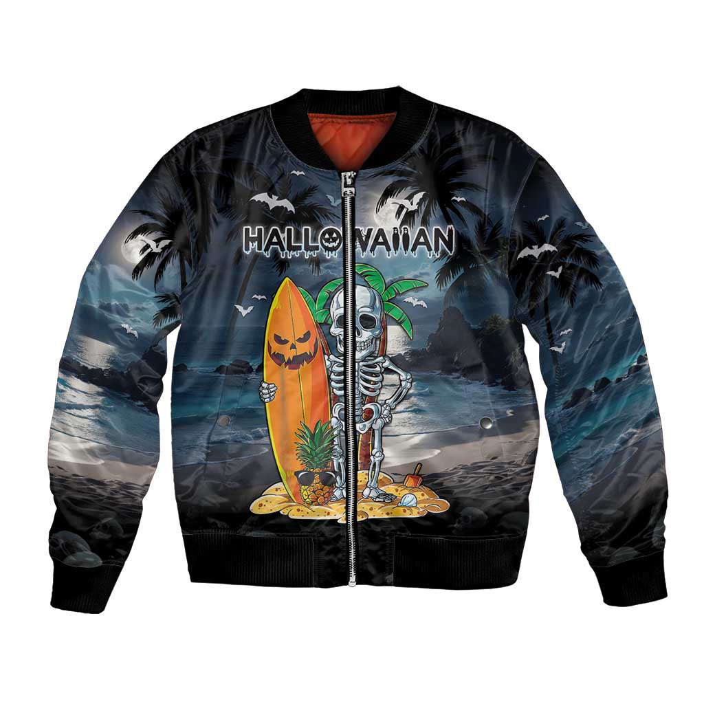 Personalised Hawaii Halloween Bomber Jacket Hallowaiian Skeleton Surf LT05 Unisex Black - Polynesian Pride