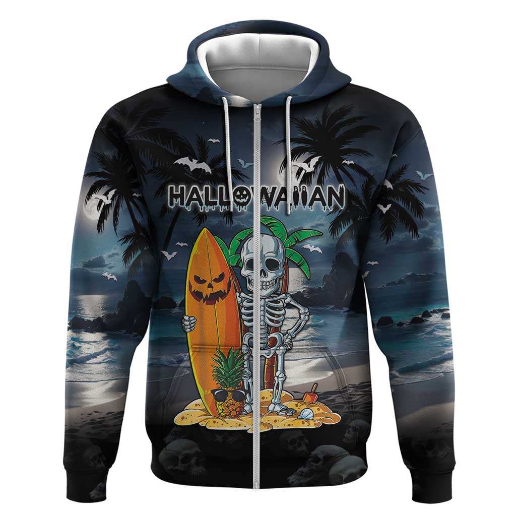 Personalised Hawaii Halloween Hoodie Hallowaiian Skeleton Surf LT05 Zip Hoodie Black - Polynesian Pride