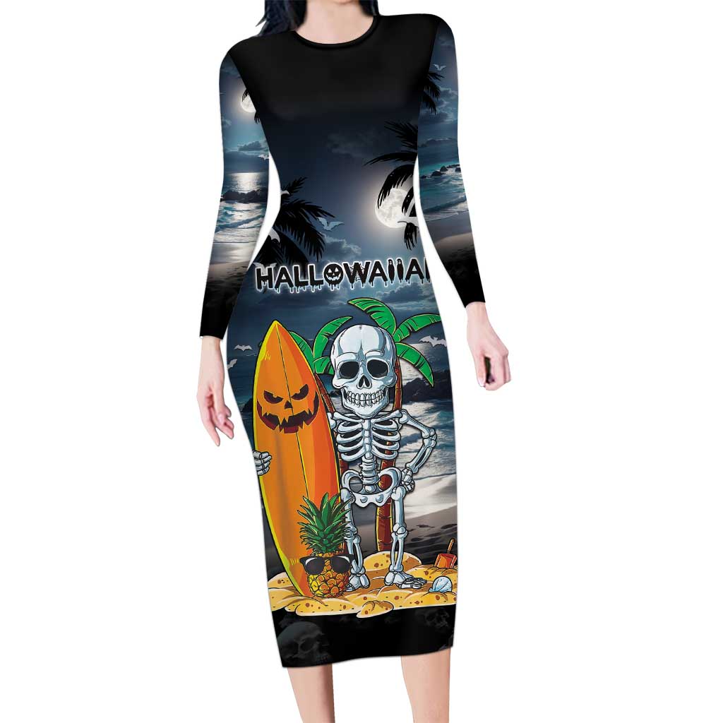 Personalised Hawaii Halloween Long Sleeve Bodycon Dress Hallowaiian Skeleton Surf LT05 Long Dress Black - Polynesian Pride