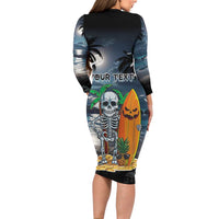 Personalised Hawaii Halloween Long Sleeve Bodycon Dress Hallowaiian Skeleton Surf LT05 - Polynesian Pride