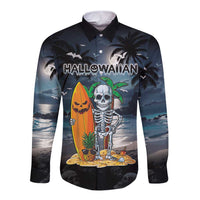 Personalised Hawaii Halloween Long Sleeve Button Shirt Hallowaiian Skeleton Surf LT05 Unisex Black - Polynesian Pride