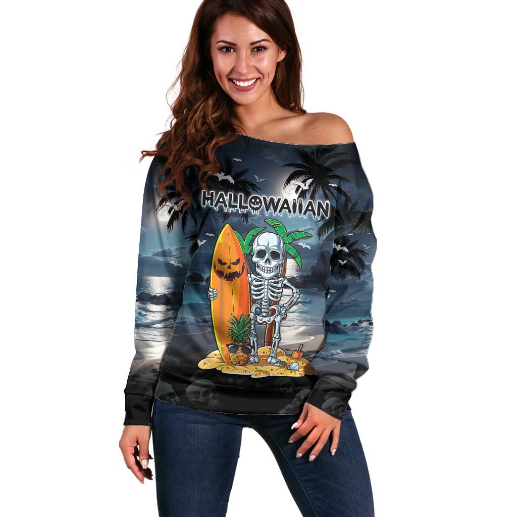 Personalised Hawaii Halloween Off Shoulder Sweater Hallowaiian Skeleton Surf LT05 Women Black - Polynesian Pride