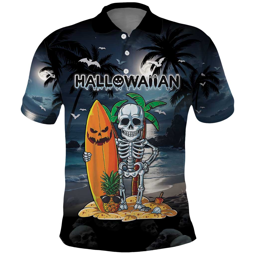 Personalised Hawaii Halloween Polo Shirt Hallowaiian Skeleton Surf LT05 Black - Polynesian Pride