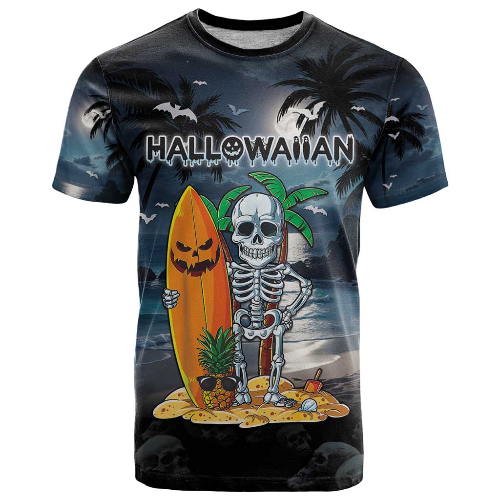 Personalised Hawaii Halloween T Shirt Hallowaiian Skeleton Surf LT05 Black - Polynesian Pride