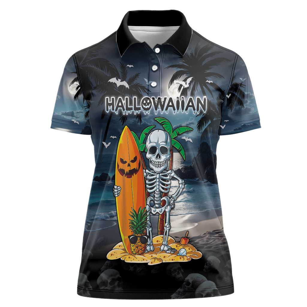 Personalised Hawaii Halloween Women Polo Shirt Hallowaiian Skeleton Surf LT05 Female Black - Polynesian Pride