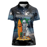 Personalised Hawaii Halloween Women Polo Shirt Hallowaiian Skeleton Surf LT05 Female Black - Polynesian Pride