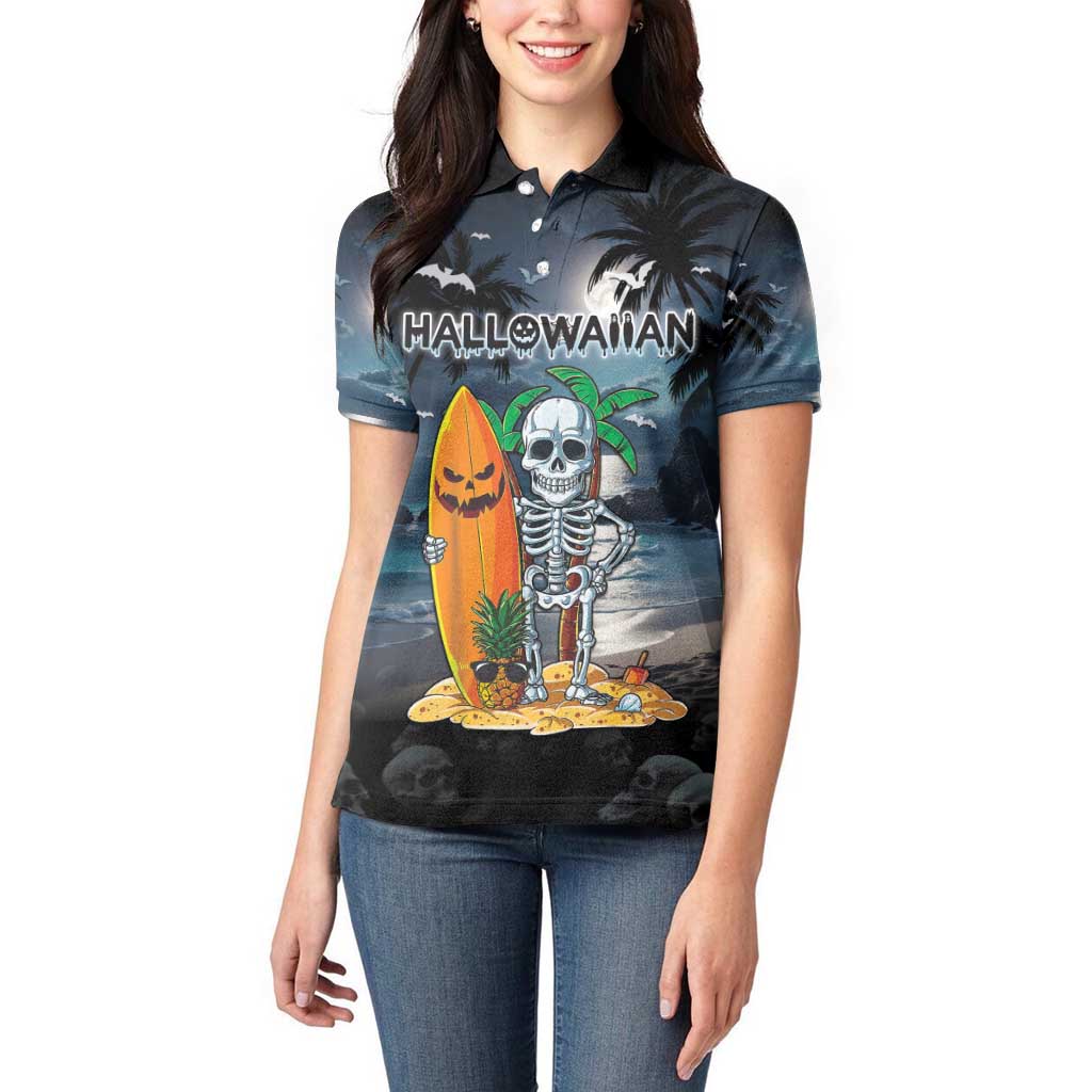 Personalised Hawaii Halloween Women Polo Shirt Hallowaiian Skeleton Surf LT05 - Polynesian Pride