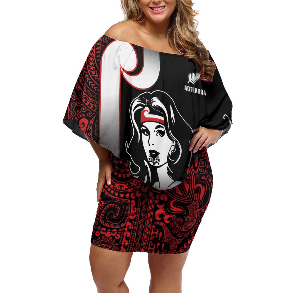 New Zealand Aotearoa Mana Wahine Off Shoulder Short Dress LT05 Women Black - Polynesian Pride