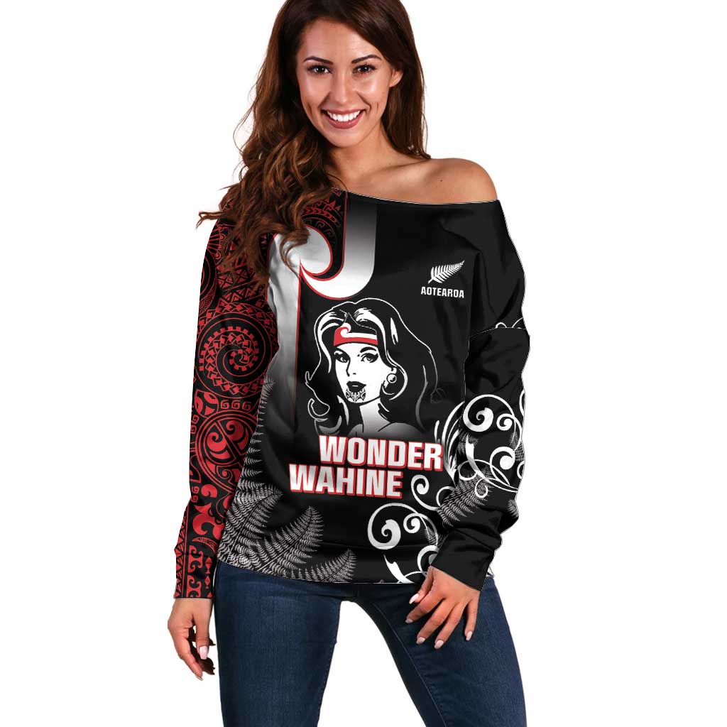 New Zealand Aotearoa Mana Wahine Off Shoulder Sweater LT05 Women Black - Polynesian Pride