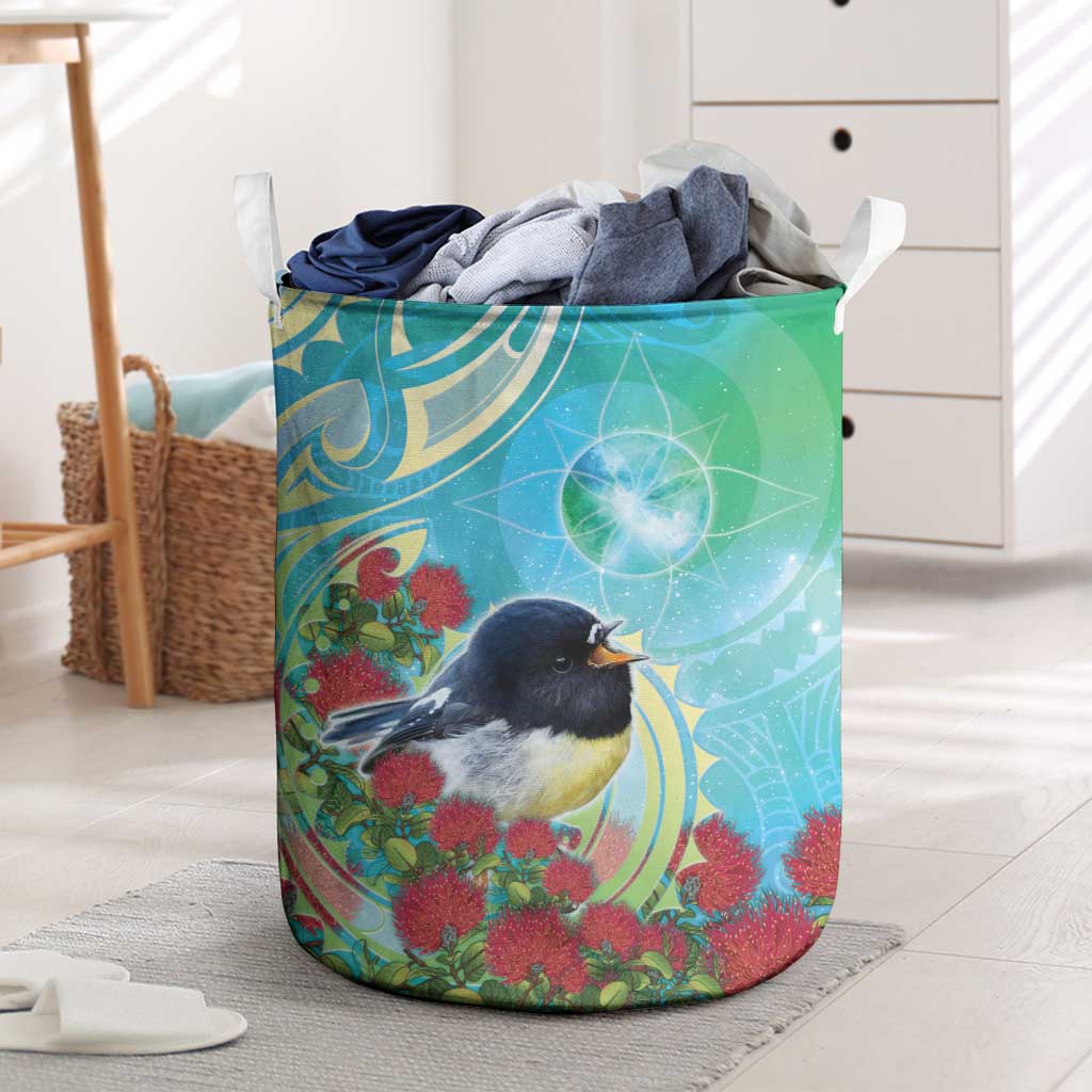 New Zealand Tomtit Laundry Basket Maori Koru With Pohutukawa Galaxy Style LT05 Aqua - Polynesian Pride