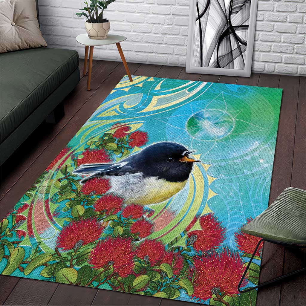 New Zealand Tomtit Area Rug Maori Koru With Pohutukawa Galaxy Style LT05 Aqua - Polynesian Pride