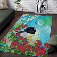 New Zealand Tomtit Area Rug Maori Koru With Pohutukawa Galaxy Style LT05 Aqua - Polynesian Pride