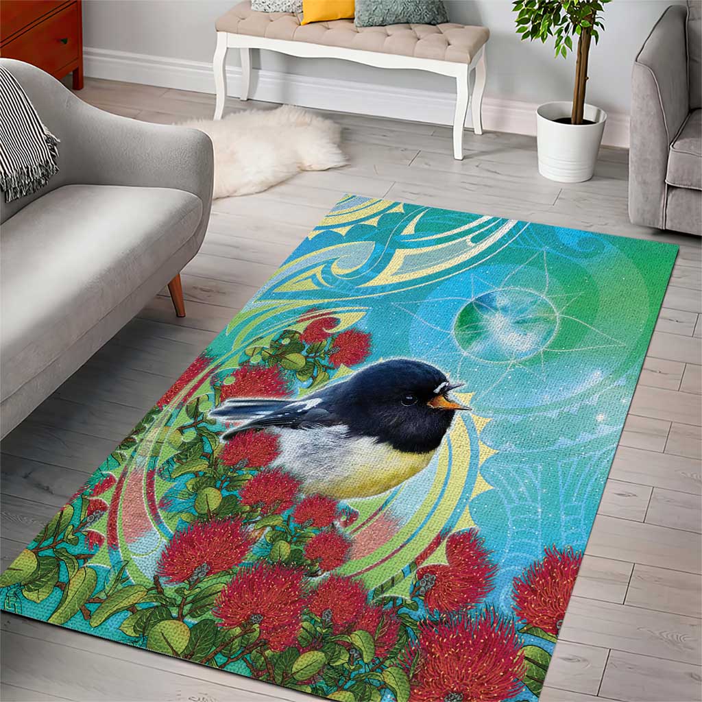 New Zealand Tomtit Area Rug Maori Koru With Pohutukawa Galaxy Style LT05 - Polynesian Pride