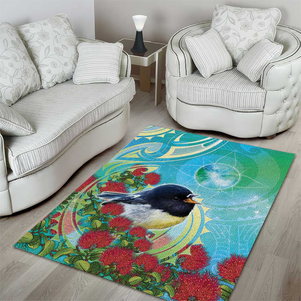 New Zealand Tomtit Area Rug Maori Koru With Pohutukawa Galaxy Style LT05 - Polynesian Pride