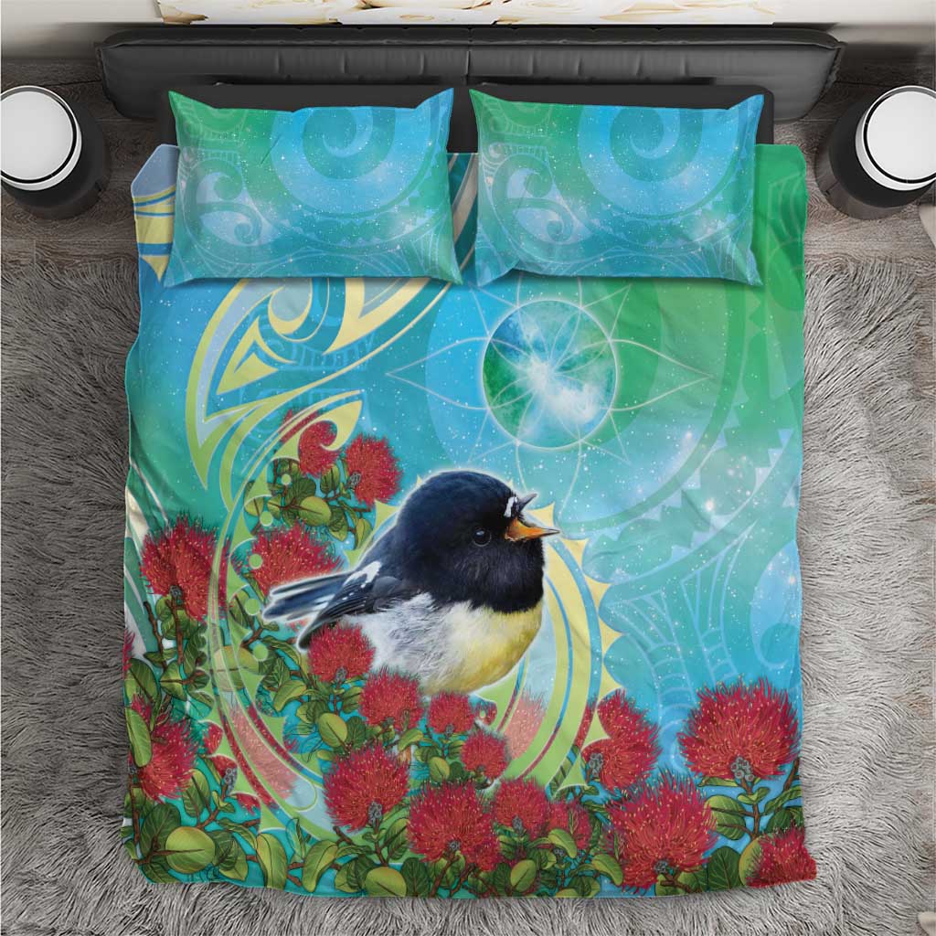 New Zealand Tomtit Bedding Set Maori Koru With Pohutukawa Galaxy Style LT05 Aqua - Polynesian Pride