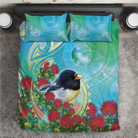 New Zealand Tomtit Bedding Set Maori Koru With Pohutukawa Galaxy Style LT05 Aqua - Polynesian Pride