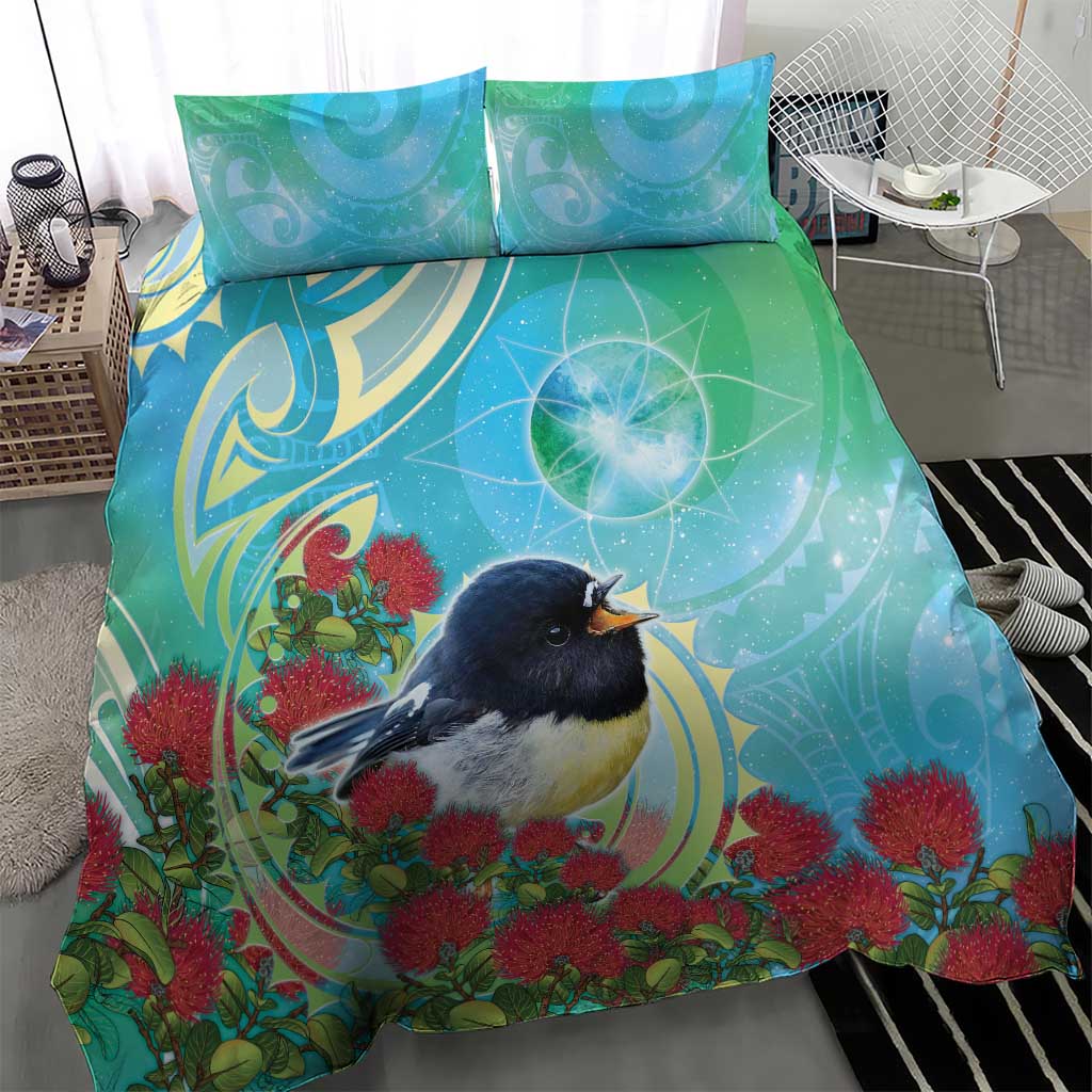 New Zealand Tomtit Bedding Set Maori Koru With Pohutukawa Galaxy Style LT05 - Polynesian Pride