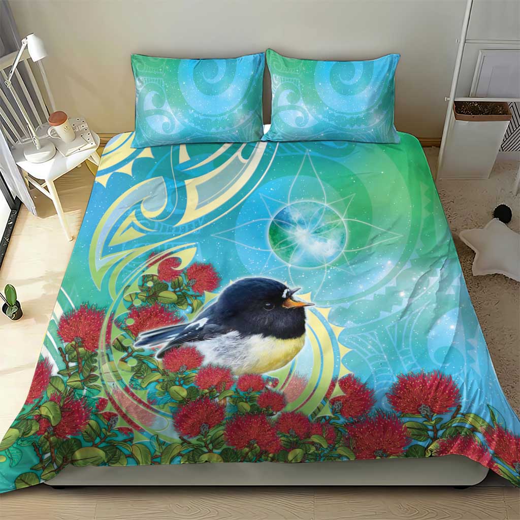 New Zealand Tomtit Bedding Set Maori Koru With Pohutukawa Galaxy Style LT05 - Polynesian Pride