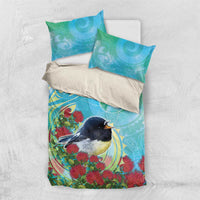 New Zealand Tomtit Bedding Set Maori Koru With Pohutukawa Galaxy Style LT05 US Twin 172cm x 218cm Aqua - Polynesian Pride